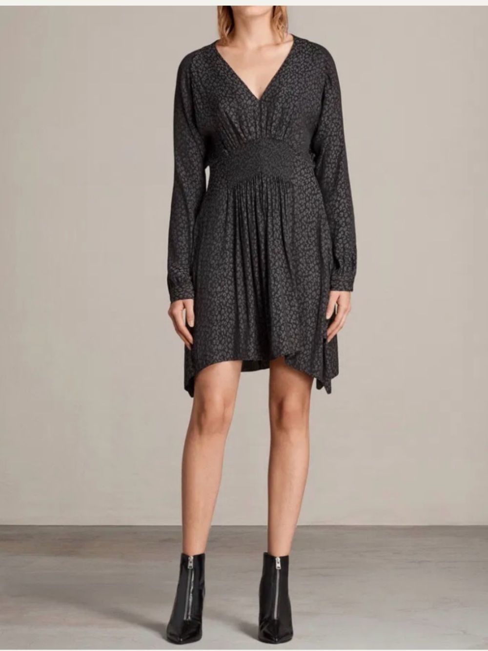 AllSaints Nichola Leopard Textured V‑Neck High-Low Mini Dress Small - Picture 2 of 14